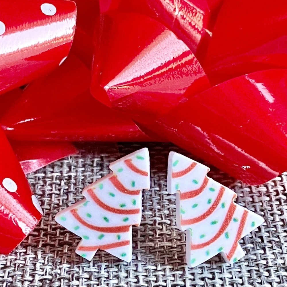 New Little Debbie Christmas Tree Snack Cake Holiday Stud Earrings - 0.75” - Picture 3 of 5